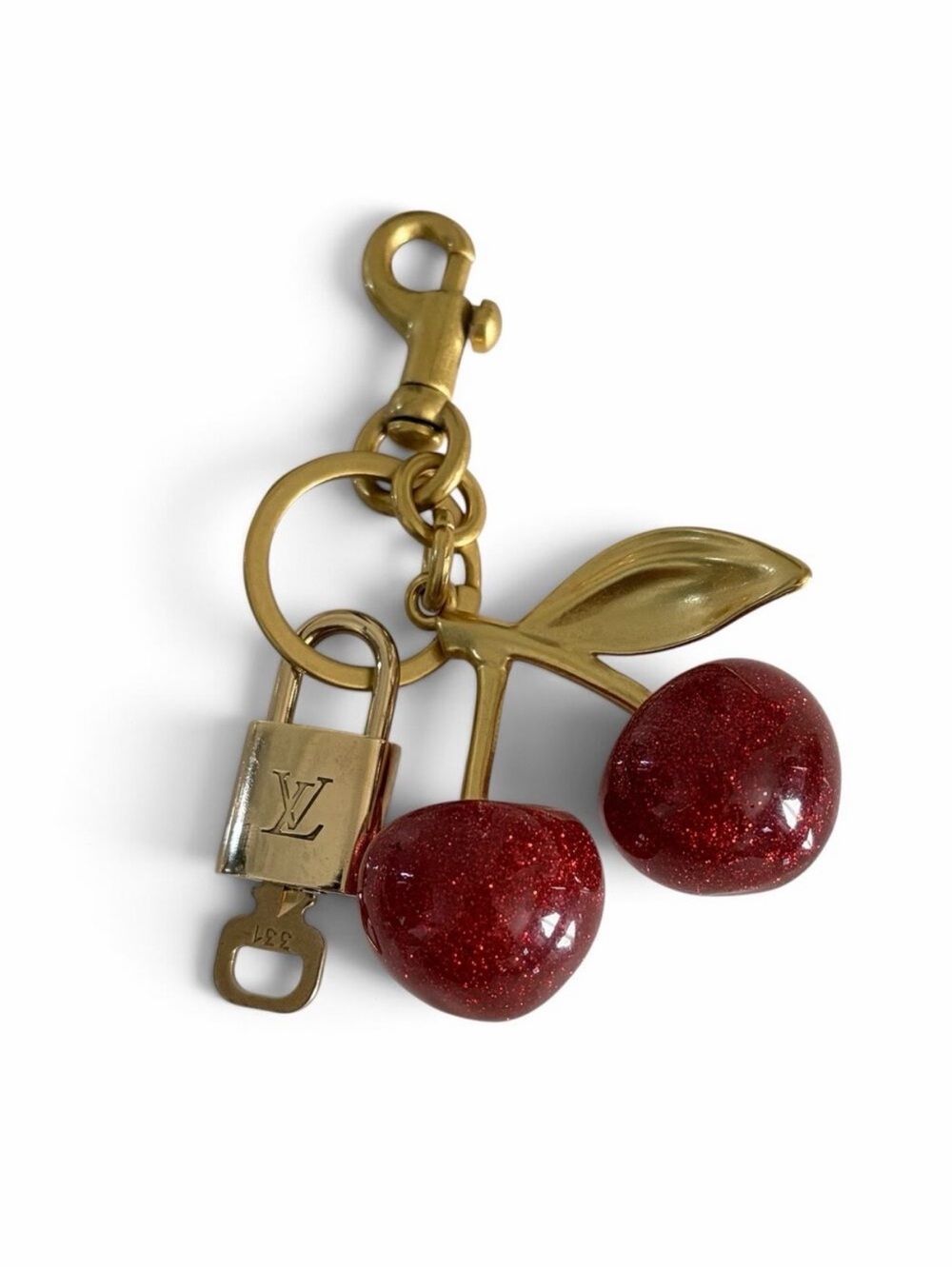 Louis Vuitton Lock & Key #331 w/a Red Glitter Cherry Charm Gold Tone Keychain